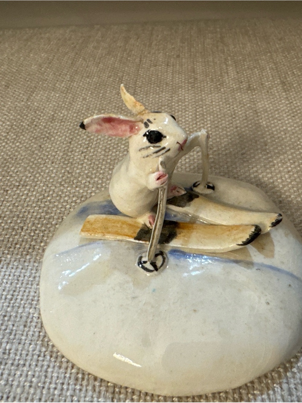 Signed Molla Ceramic Rabbit Skiing Canada Studio Pottery, One Of A Kind Rare